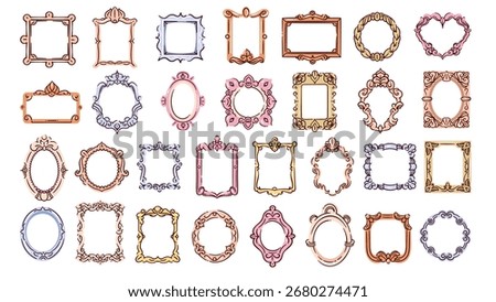 Painting and photo, mirror frames of rectangle and square shape set. Ornate borders decor of picture on Victorian style. Antique, art mascot, cartoon frame collection vector illustration