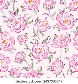 Painting Pink Roses Floral Seamless Pattern. Rose Flower Bouquets Vector Background. Vintage Flowers and Leaves. 