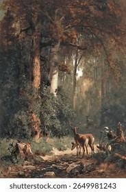 A pintura retrata uma cena de floresta tranquila com veados, típica da paisagem de Thomas Hill.