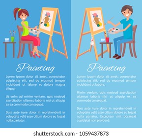 Painting process banner, color vector illustration isolated on bright blue backdrops, cheerful man and woman drawing abstract vase, painting canvas