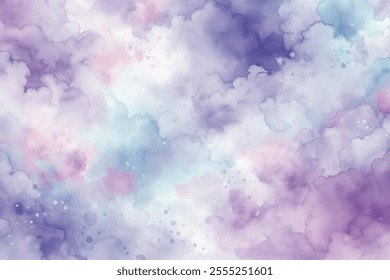 A painting of a purple sky with clouds. The sky is filled with a variety of colors, including pink, blue, and purple. The clouds are scattered throughout the sky, with some larger and some smaller