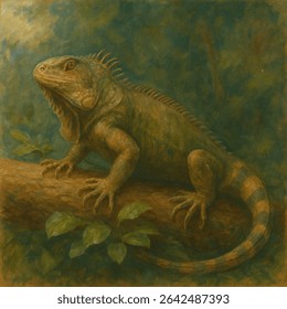 Painting of a Realistic Iguana on Fallen Tree - Nature Wildlife Art
