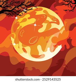 a painting of a red moon with a tree in the background.