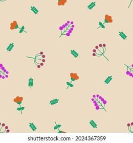 Painting of red, pink, orange flowers and grasses on a yellow background, leaves in patterns and backgrounds, vector.