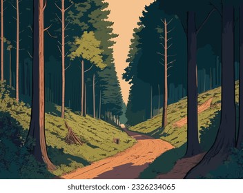 A painting of a road running through a forest flanked by rocks and trees. landscape forest.