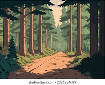A painting of a road running through a forest flanked by rocks and trees. landscape forest.