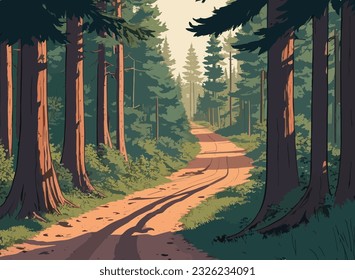 Ein Gemälde einer Straße, die durch einen Wald von Felsen und Bäumen flankiert wird. Landschaftswald.