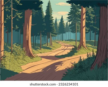 Ein Gemälde einer Straße, die durch einen Wald von Felsen und Bäumen flankiert wird. Landschaftswald.