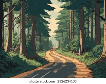 A painting of a road running through a forest flanked by rocks and trees. landscape forest.