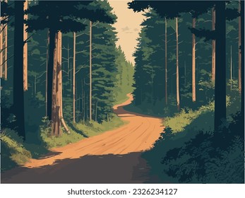 A painting of a road running through a forest flanked by rocks and trees. landscape forest.