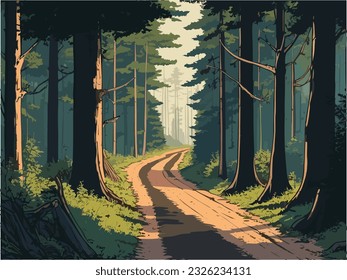 A painting of a road running through a forest flanked by rocks and trees. landscape forest.