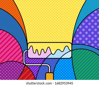 Painting Roll Modern Colourful Pop Art Graphic Background For Your Design. Vector Artistic Illustration In Pop-art Comic Style. Kids Art School Poster