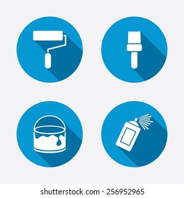 Painting roller, brush icons. Spray can and Bucket of paint signs. Wall repair tool and painting symbol. Circle concept web buttons. Vector