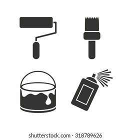 Painting roller, brush icons. Spray can and Bucket of paint signs. Wall repair tool and painting symbol. Flat icons on white. Vector