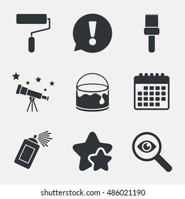 Painting roller, brush icons. Spray can and Bucket of paint signs. Wall repair tool and painting symbol. Attention, investigate and stars icons. Telescope and calendar signs. Vector