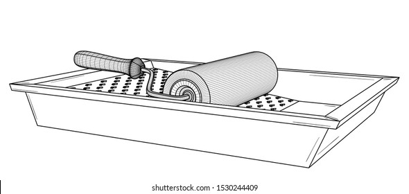 Painting roller with empty paint tray. Black outline illustration on white background. Sketch.