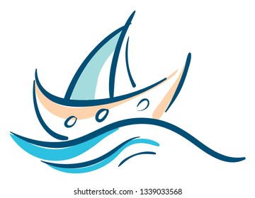 Painting of a sailing boat in blue ocean vector color drawing or illustration 