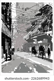 A painting of a scene of two rickshaw pullers in the middle of an undeveloped city.
Suitable design for creative art design, printing picture, decoration picture etc.