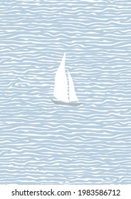 Painting with the sea and a sailboat. Blue endless sea, white waves, sails. Calm and relaxation. Wall mounted vertical picture for office or home interior decoration. Flat style. Vector illustration