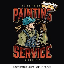 Painting Service Colorful Vintage Label With Inscription, Manual Worker In Blue Cap And Dirty Overalls Using Long Roller, Vector Illustration