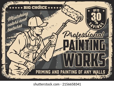 Painting service horizontal monochrome vintage poster with inscription, house painter using roller on radial background, vector illustration