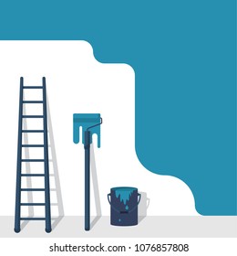 Painting service. Paintwork template. Vector illustration flat design. Banner for promotion. Painted wall with a staircase, a roller, a bucket of paint.