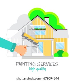 Painting Services Logo.  Hand With A Roller In Yellow Paint  Paints A Beautiful House. House Before  And After Painting. Stock Vector. Flat Design.