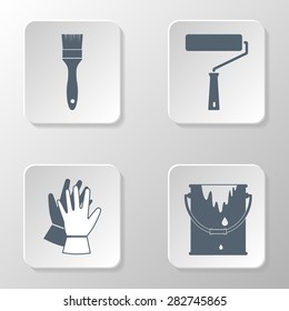 Painting set icon. Bucket paint, work gloves, brush and paint roller. Painting work. logo.