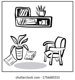 Painting with a set of isolated images of furniture and household items on a  white background. Refrigerator, lamps, chandeliers, floor lamp, chests of drawers, cabinet, shelf, pillows, chairs.