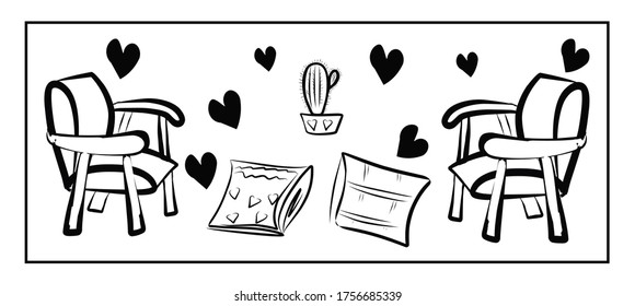 Painting with a set of isolated images of furniture and household items on a  white background. Refrigerator, lamps, chandeliers, floor lamp, chests of drawers, cabinet, shelf, pillows, chairs.