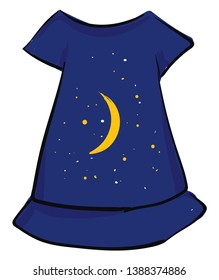 Painting of a showcase blue-colored nightie with a round neck  a half extended sleeve and pretty tonal embroidery designs with moon and twinkling stars  vector  color drawing or illustration