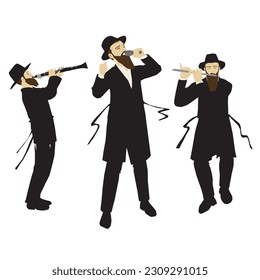 A painting of a singer and flute and clarinet players Hasidic Jewish Orthodox observant, singing and dancing. Dressed in a coat, a black suit and a hat. with a sash.
Colorful vector. isolated.  svg