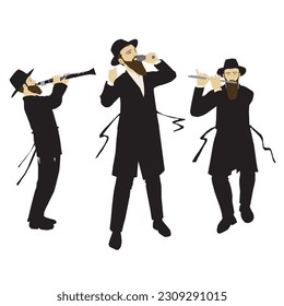 Una pintura de un cantante y de jugadores de flauta y clarinete de un observante judío ortodoxo hasidio, cantando y bailando. Vestido con un abrigo, un traje negro y un sombrero. con un sash.
Vector colorido. aislado. 