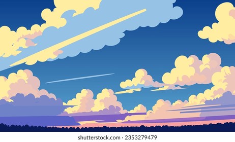 Painting of a sky with clouds and a plane in the sky above it with a blue sky and yellow clouds, vector art, space art. Cartoon anime background.