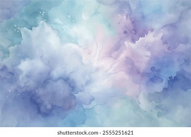A painting of a sky with a purple and blue hue. The sky is filled with clouds and the colors are vibrant. The painting evokes a sense of calm and serenity