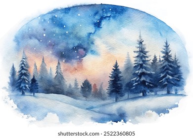 Una pintura de un bosque nevado con un cielo azul y estrellas. El sentimiento del cuadro es tranquilo y sereno