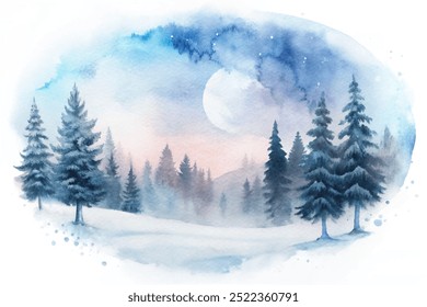 A painting of a snowy forest with a full moon in the sky. The mood of the painting is serene and peaceful