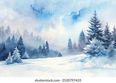 Uma pintura de uma floresta coberta de neve com árvores e um céu. O clima da pintura é pacífico e sereno