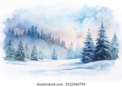 A painting of a snowy forest with trees and a sky. The mood of the painting is peaceful and serene