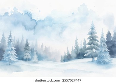 A painting of a snowy forest with trees and a sky. The mood of the painting is peaceful and serene