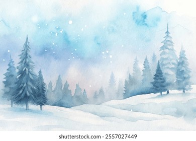 A painting of a snowy forest with trees and a sky. The mood of the painting is peaceful and serene