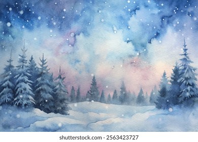 A painting of a snowy forest with trees and a sky. The sky is blue and the trees are covered in snow. The mood of the painting is peaceful and serene