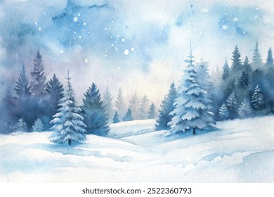 A painting of a snowy forest with two pine trees in the foreground and a large sky in the background