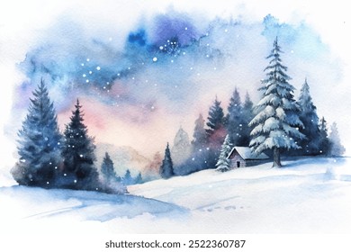 A painting of a snowy landscape with a cabin in the distance. The cabin is surrounded by trees and the sky is filled with stars. The mood of the painting is peaceful and serene