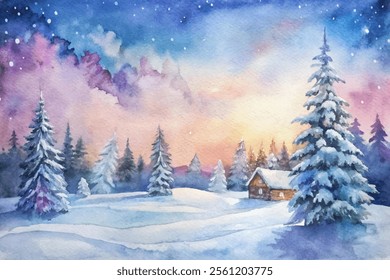 A painting of a snowy landscape with a cabin in the distance. The cabin is surrounded by trees and the sky is a mix of pink and blue. The mood of the painting is peaceful and serene