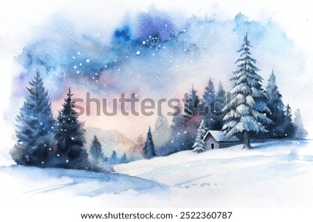 A painting of a snowy landscape with a cabin in the distance. The cabin is surrounded by trees and the sky is filled with stars. The mood of the painting is peaceful and serene