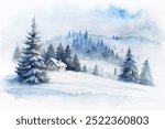 A painting of a snowy landscape with a cabin in the middle. The cabin is surrounded by trees and the sky is cloudy. The mood of the painting is peaceful and serene