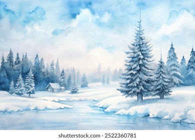 A painting of a snowy landscape with a cabin and a tree. The mood of the painting is peaceful and serene