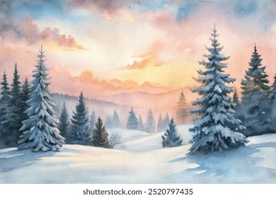 Uma pintura de uma paisagem coberta de neve com algumas árvores em primeiro plano. O céu é rosa e laranja, criando uma atmosfera quente e pacífica