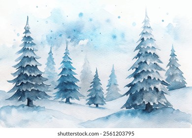 A painting of a snowy landscape with a group of pine trees. The trees are tall and blue, and they are surrounded by snow. The painting has a peaceful and serene mood, with the trees standing tall